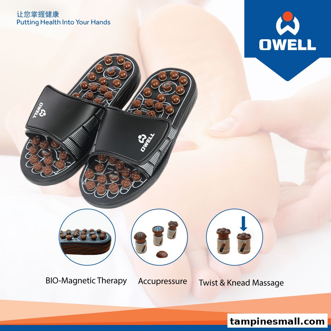 A pair of OWELL massage sandals featuring bio-magnetic therapy and acupressure points.