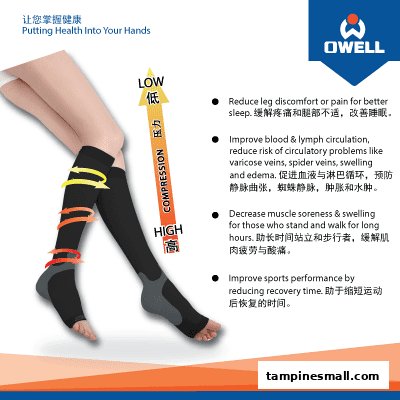 An image showcasing OWELL Bodycare's compression socks and their health benefits for leg comfort and circulation.
