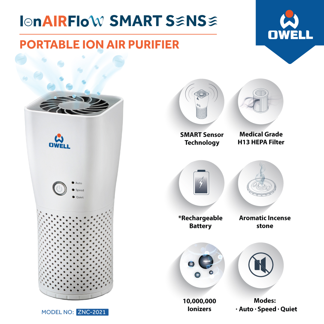 An OWELL portable ion air purifier showcasing its smart features and benefits for clean air.