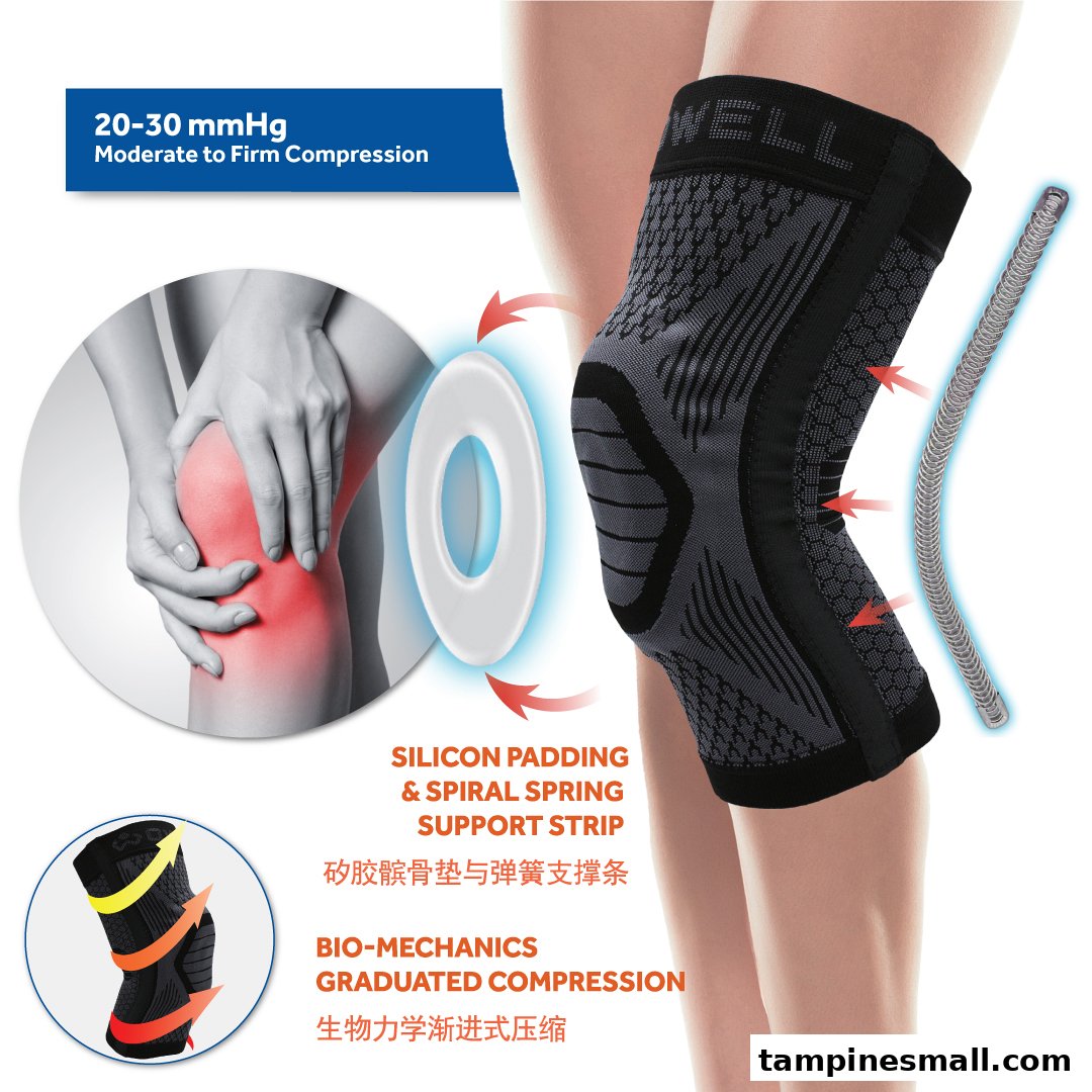 An OWELL knee brace showcasing its silicon padding, spiral spring support, and graduated compression features.