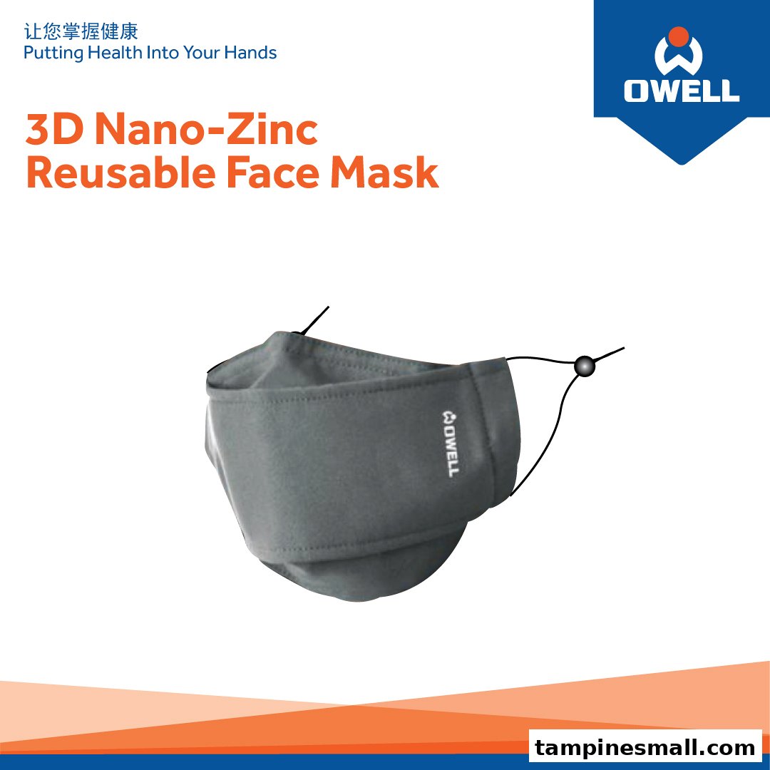 A grey OWELL 3D Nano-Zinc Reusable Face Mask is displayed against a white background.