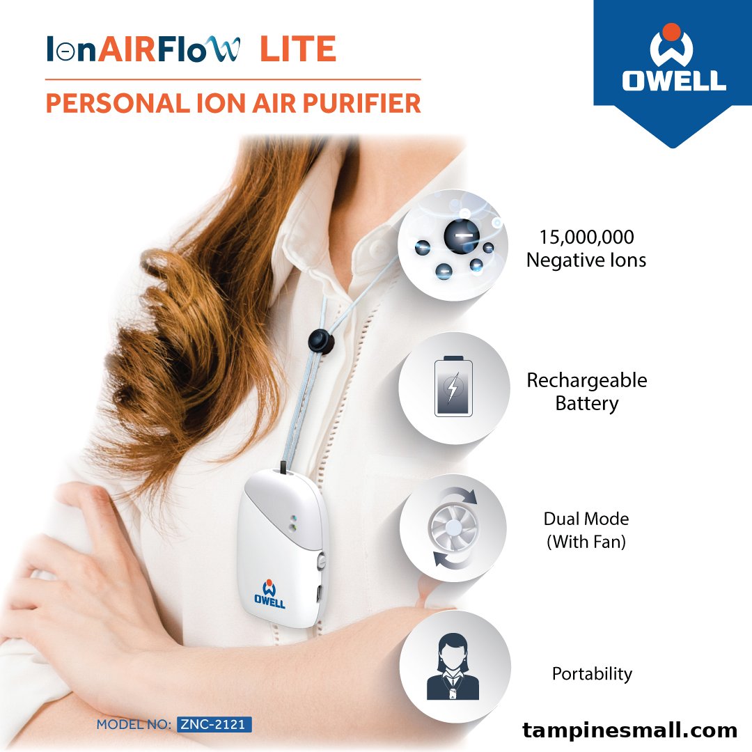 Image showcasing OWELL's IonAIRFlow LITE personal air purifier and its key features.