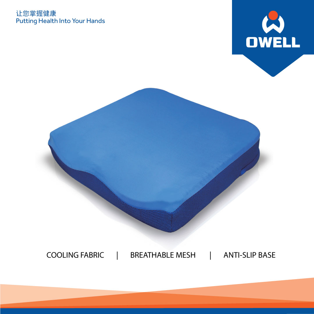 A blue OWELL bodycare cushion featuring cooling fabric, breathable mesh, and an anti-slip base.