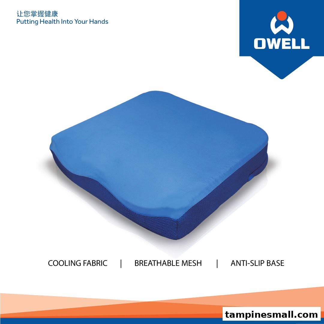 A blue OWELL bodycare cushion featuring cooling fabric, breathable mesh, and an anti-slip base.