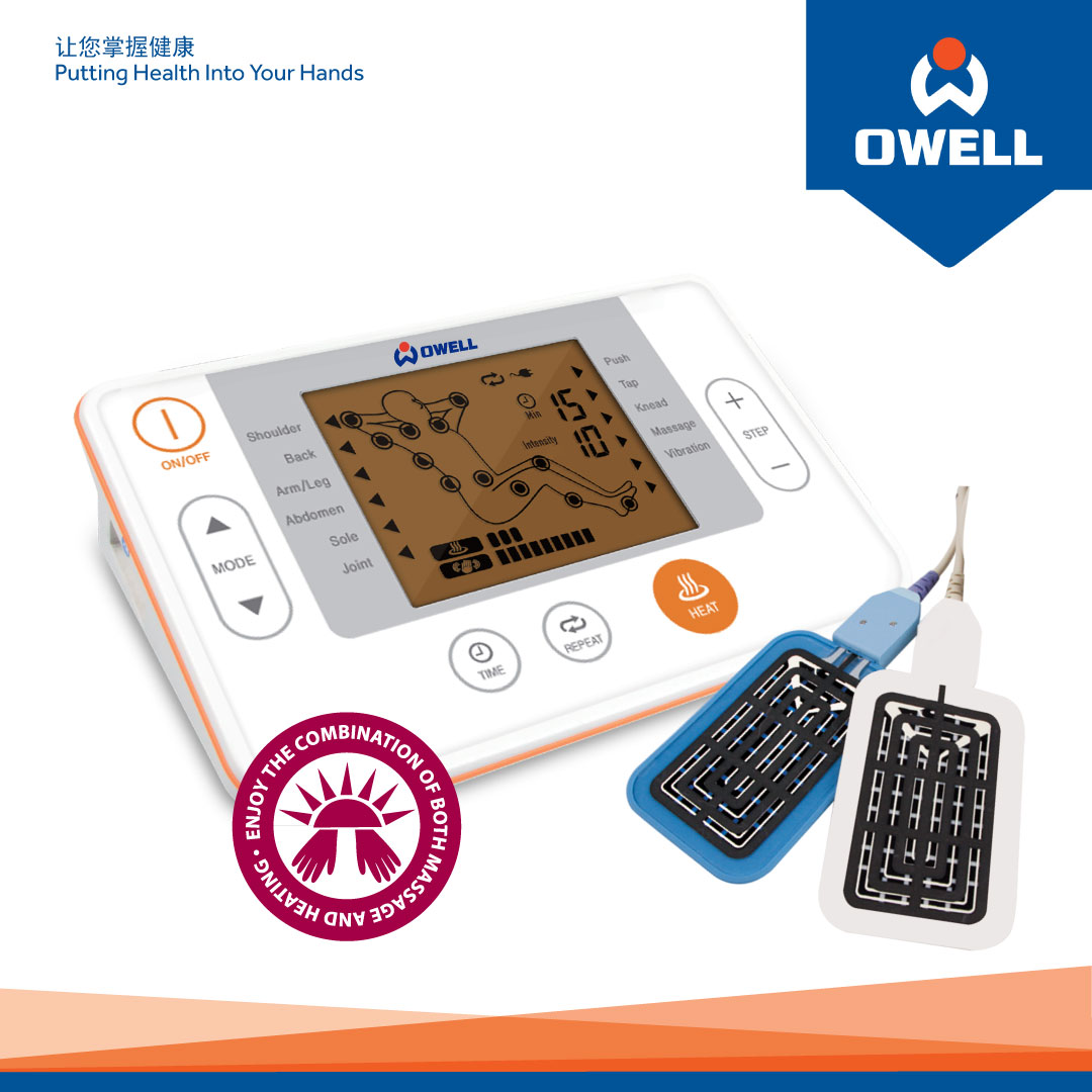 An OWELL bodycare device with a control panel and two electrode pads for massage and heat.