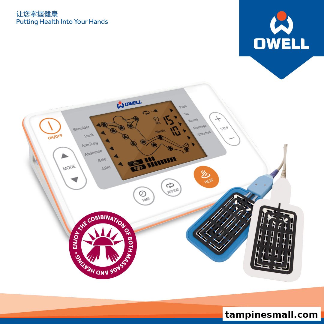 An OWELL bodycare device with a control panel and two electrode pads for massage and heat.
