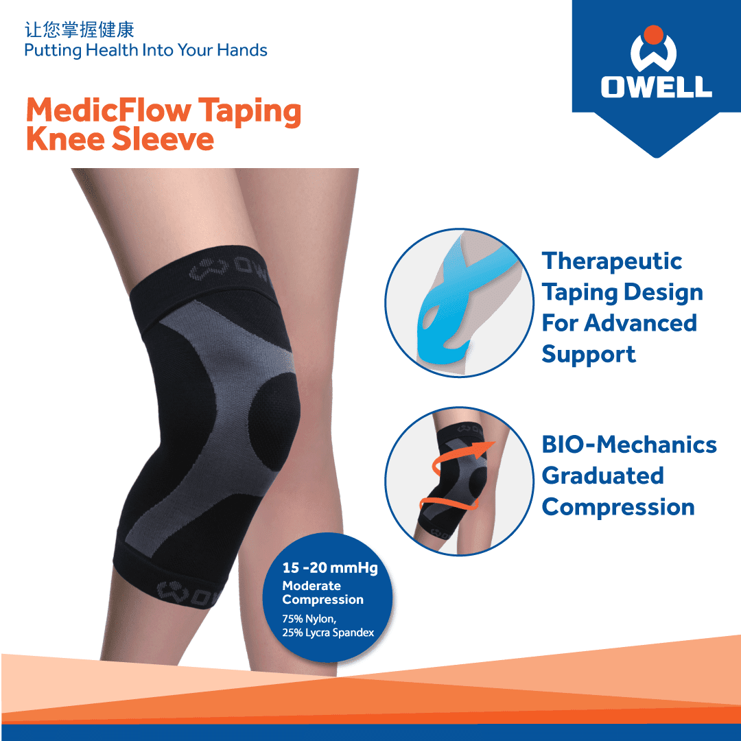 Image showcasing OWELL's MedicFlow Taping Knee Sleeve with its therapeutic and compression features.
