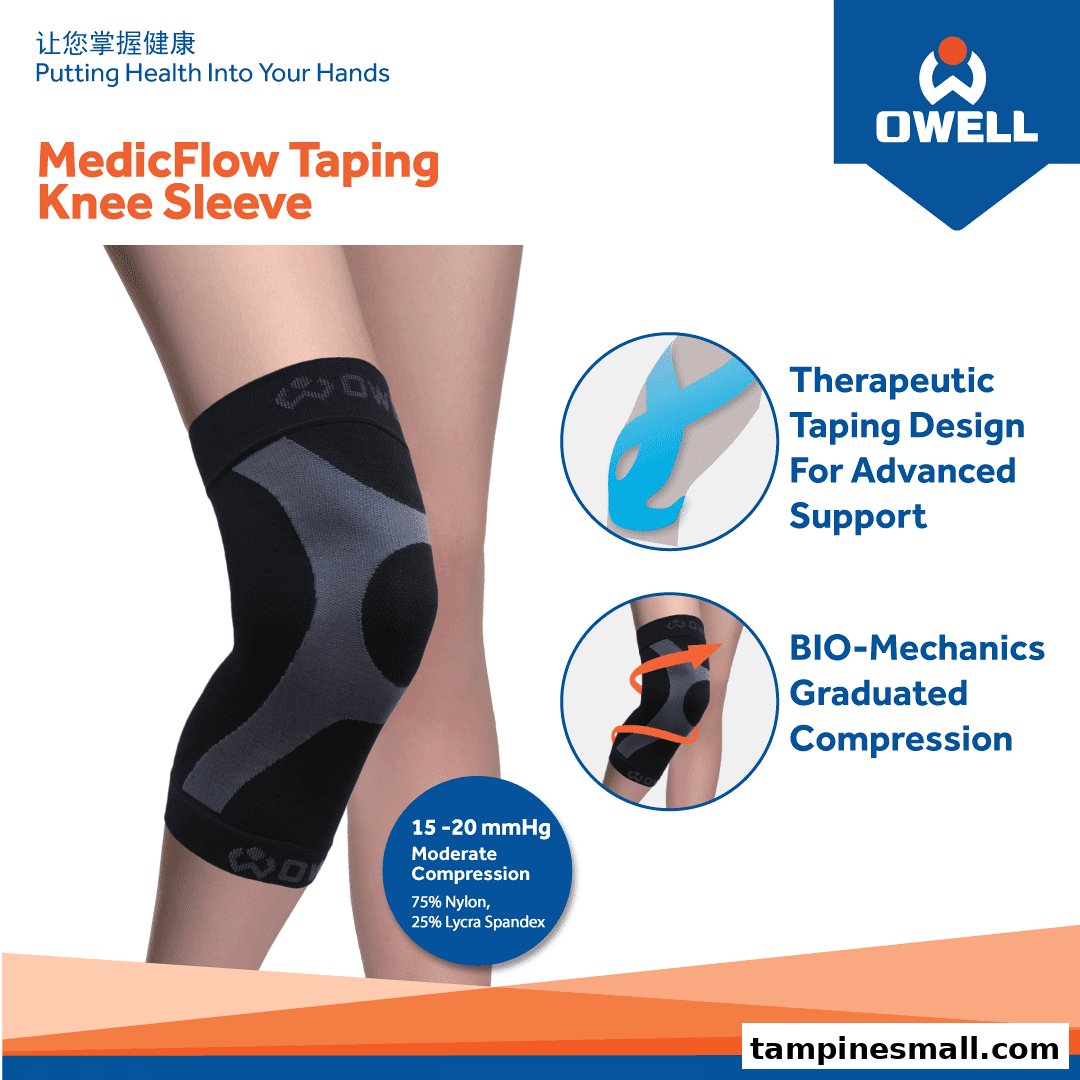 Image showcasing OWELL's MedicFlow Taping Knee Sleeve with its therapeutic and compression features.