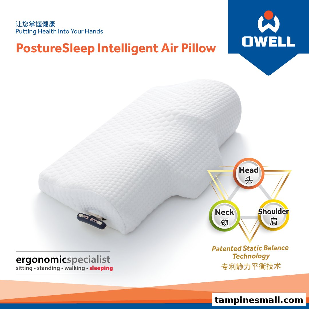An OWELL PostureSleep Intelligent Air Pillow highlighting its ergonomic design for head, neck, and shoulder support.