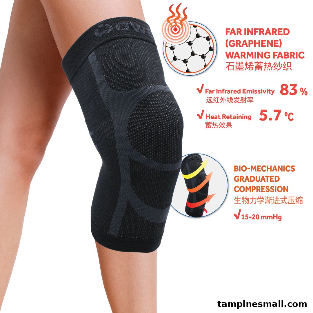 A person wears a black knee support showcasing its far infrared warming and graduated compression features.