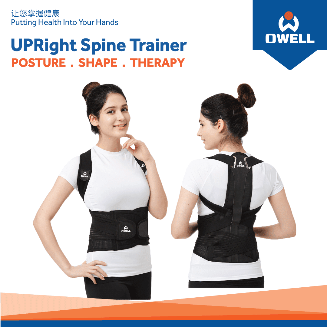 A model demonstrates the OWELL UPRight Spine Trainer for posture, shape, and therapy.