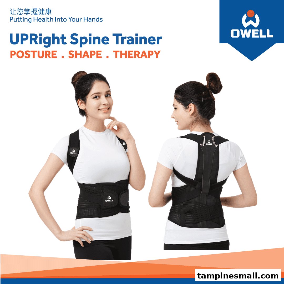 A model demonstrates the OWELL UPRight Spine Trainer for posture, shape, and therapy.