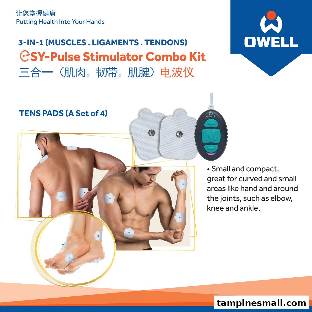 Image showcasing the OWELL eSY-Pulse Stimulator Combo Kit with TENS pads and its application.