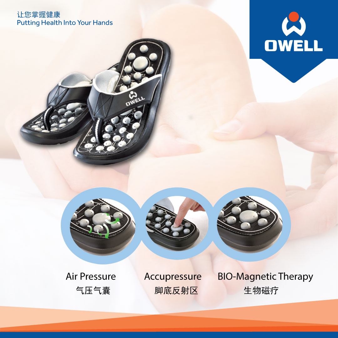 Image showcasing OWELL acupressure sandals and their features: air pressure, acupressure, and bio-magnetic therapy.