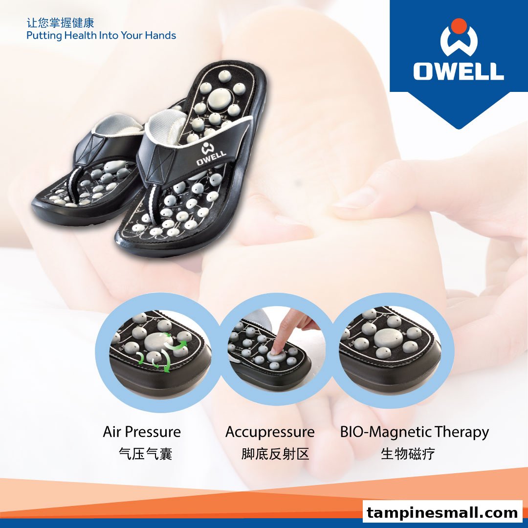 Image showcasing OWELL acupressure sandals and their features: air pressure, acupressure, and bio-magnetic therapy.