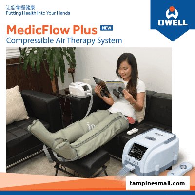A woman relaxing on a sofa while using the OWELL MedicFlow Plus Compressible Air Therapy System.