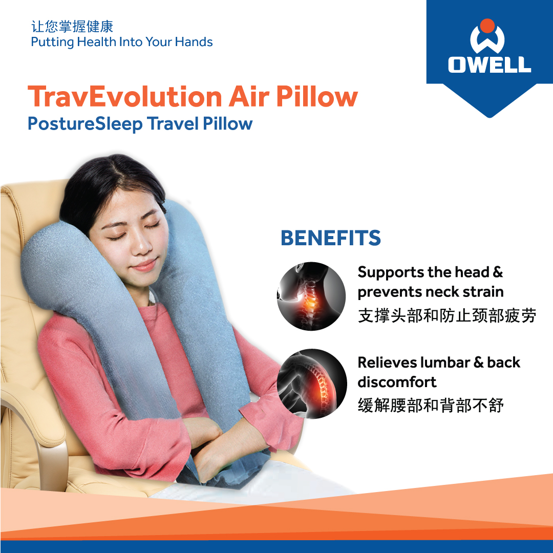 A woman demonstrates the OWELL TravEvolution Air Pillow, highlighting its neck and back support benefits.