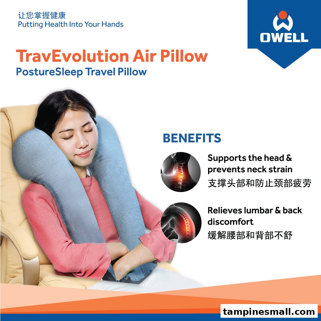 A woman demonstrates the OWELL TravEvolution Air Pillow, highlighting its neck and back support benefits.