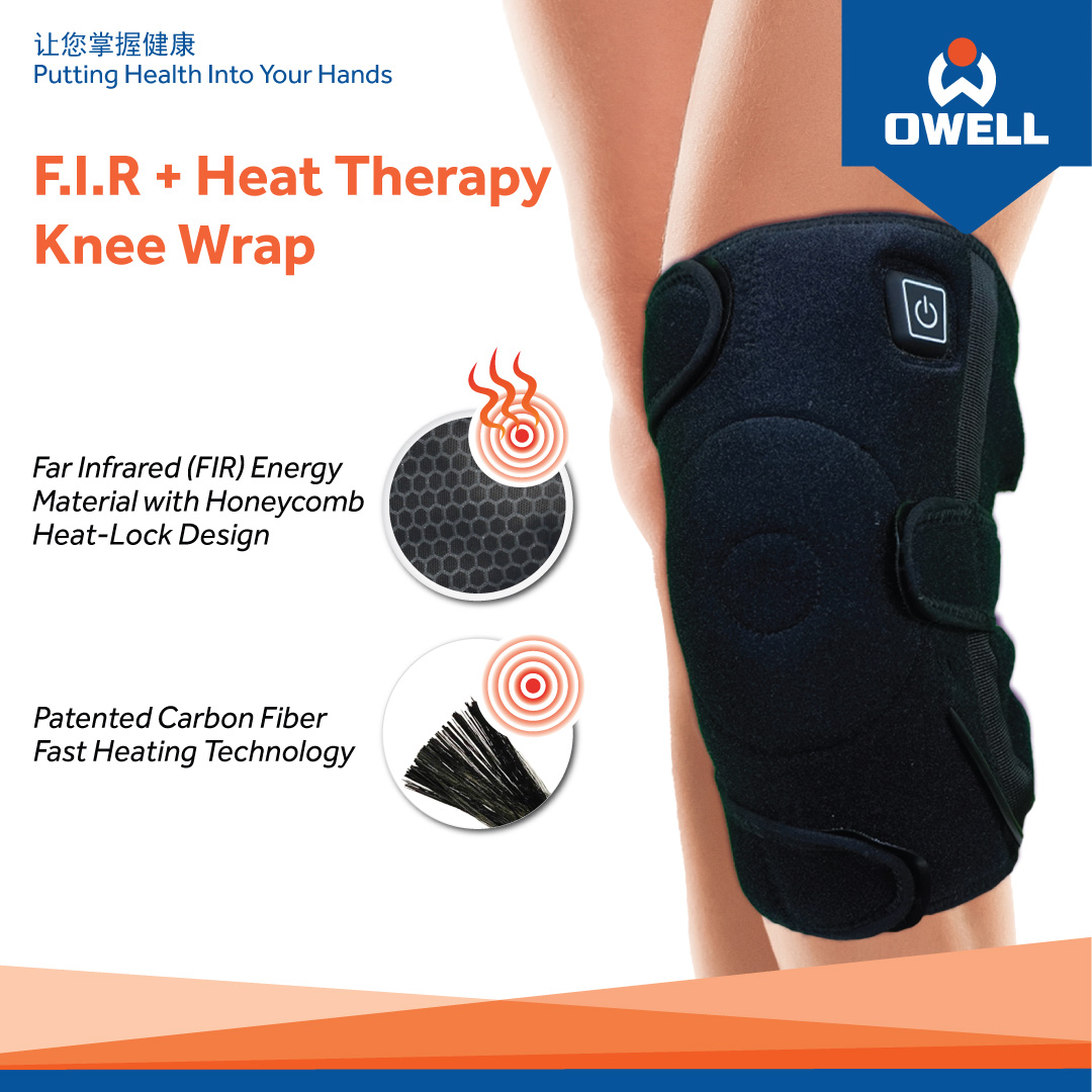 An OWELL F.I.R. + Heat Therapy Knee Wrap is shown on a leg, highlighting its advanced features.