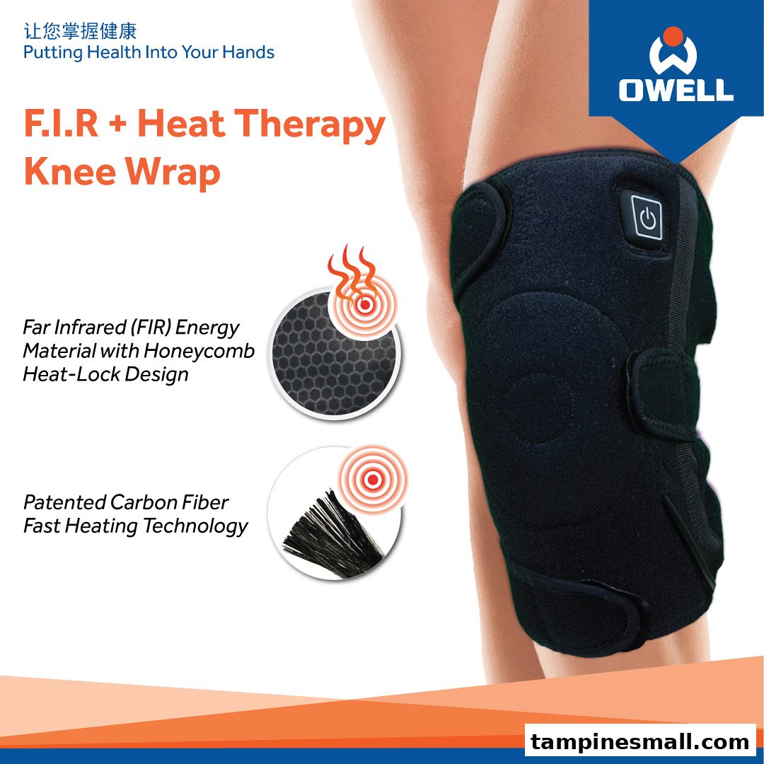 An OWELL F.I.R. + Heat Therapy Knee Wrap is shown on a leg, highlighting its advanced features.
