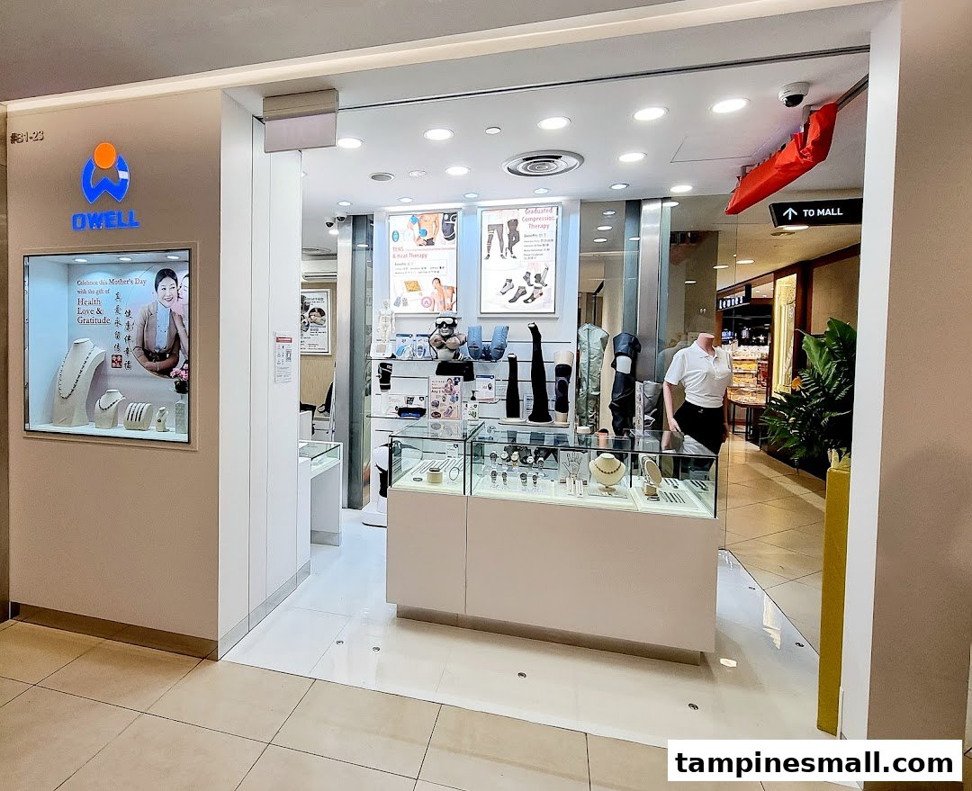 The OWELL Bodycare shop front displays health and wellness products, with promotional signage.