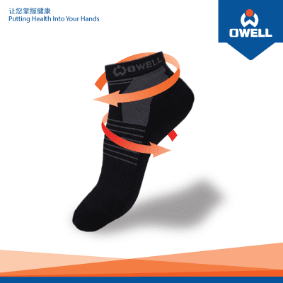 A black OWELL health sock with red arrows indicating support, promoting health and wellness.