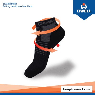 A black OWELL health sock with red arrows indicating support, promoting health and wellness.