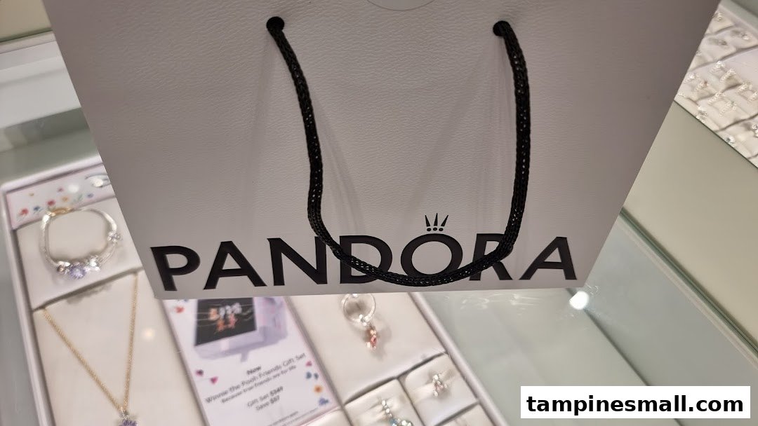 A Pandora shopping bag prominently displayed amidst jewelry in a retail store.