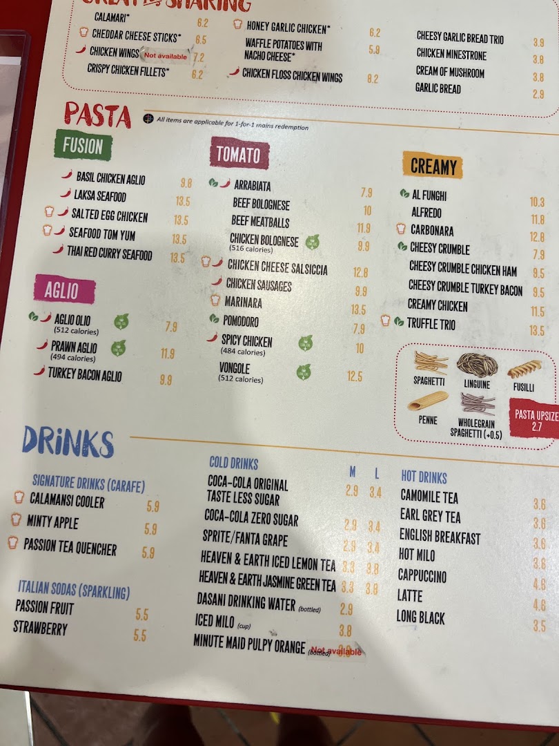 A detailed menu from PastaMania, showcasing a variety of pasta dishes, sharing plates, and beverages with prices.