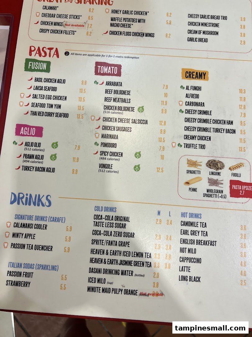 A detailed menu from PastaMania, showcasing a variety of pasta dishes, sharing plates, and beverages with prices.