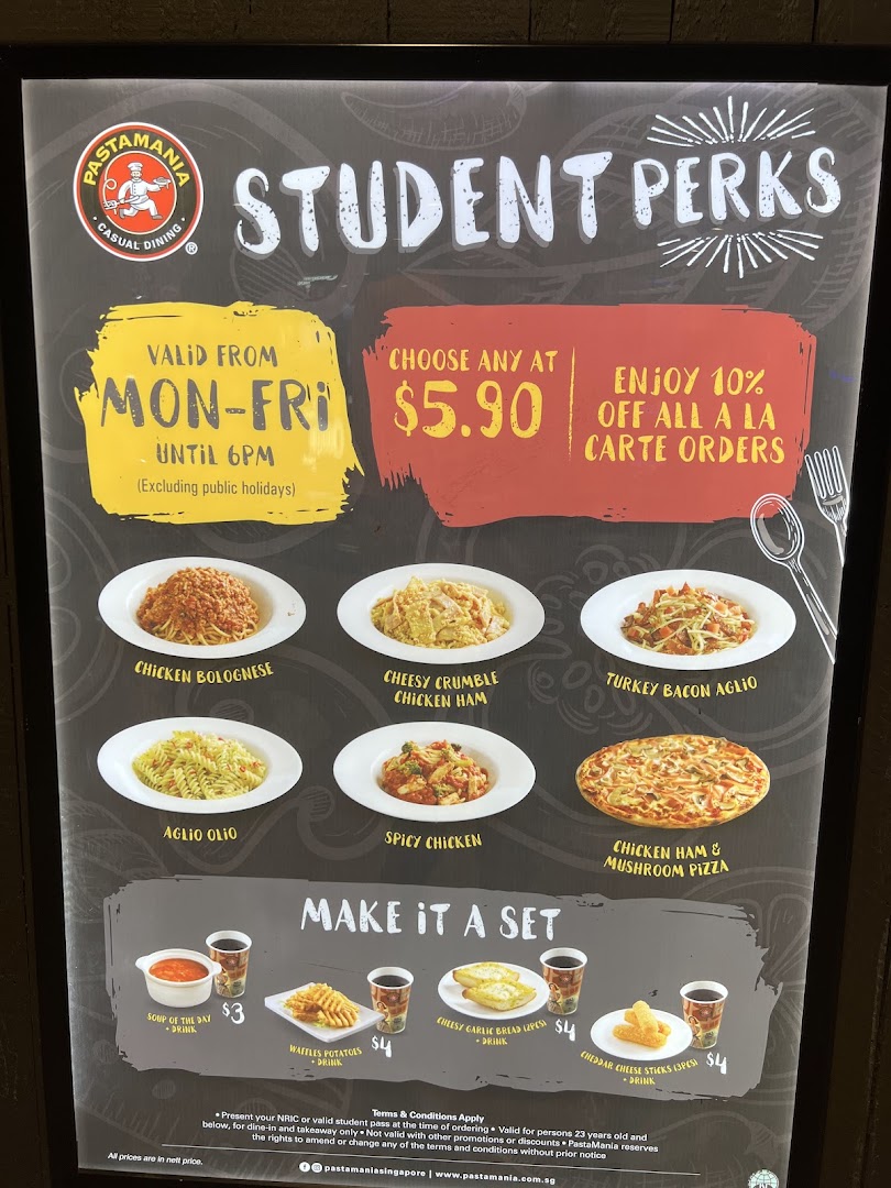 A promotional menu board for PastaMania's 'Student Perks' featuring discounted pasta, pizza, and set meals.