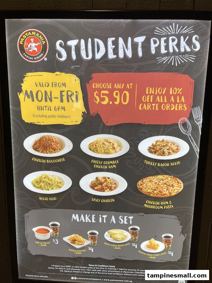 A promotional menu board for PastaMania's 'Student Perks' featuring discounted pasta, pizza, and set meals.