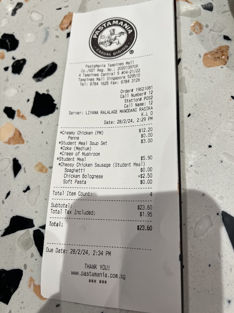 A detailed receipt from PastaMania Tampines Mall, showing ordered Italian casual dining items and total cost.