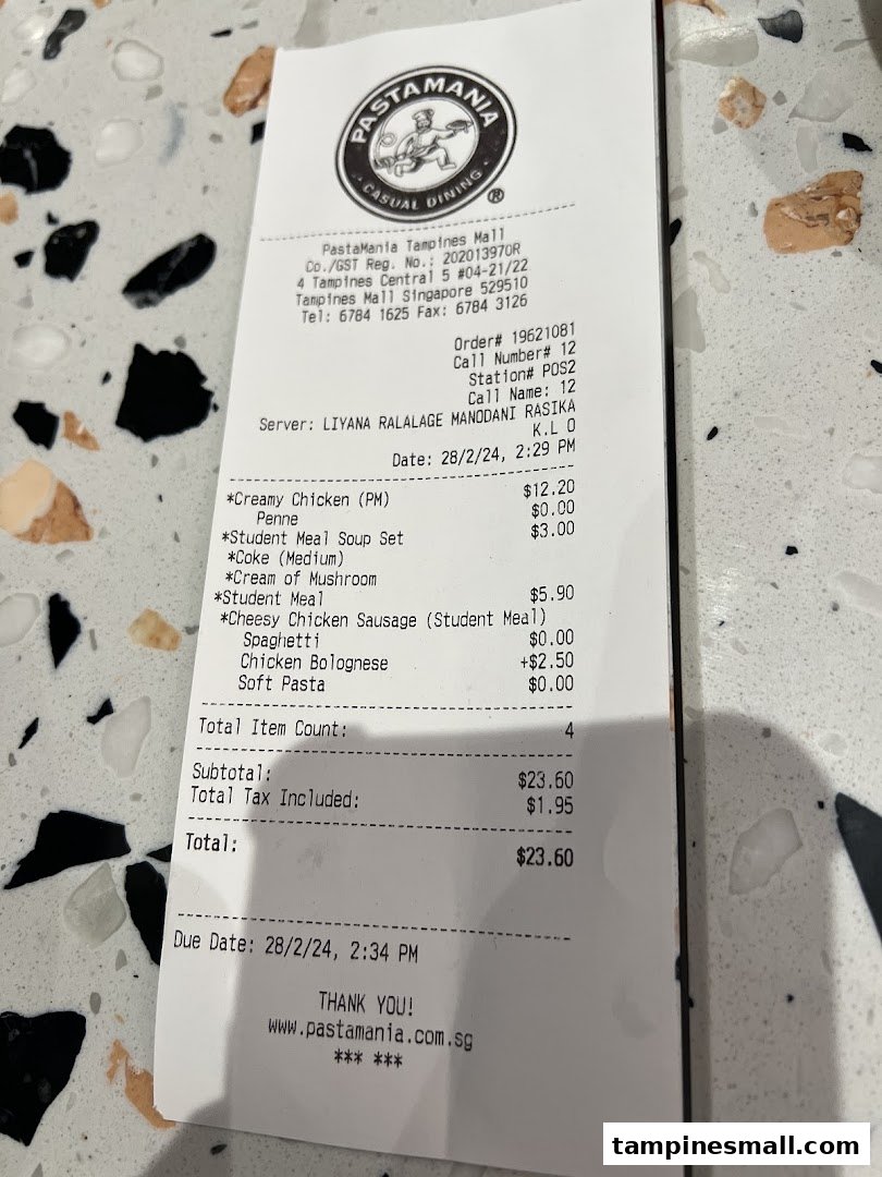 A detailed receipt from PastaMania Tampines Mall, showing ordered Italian casual dining items and total cost.