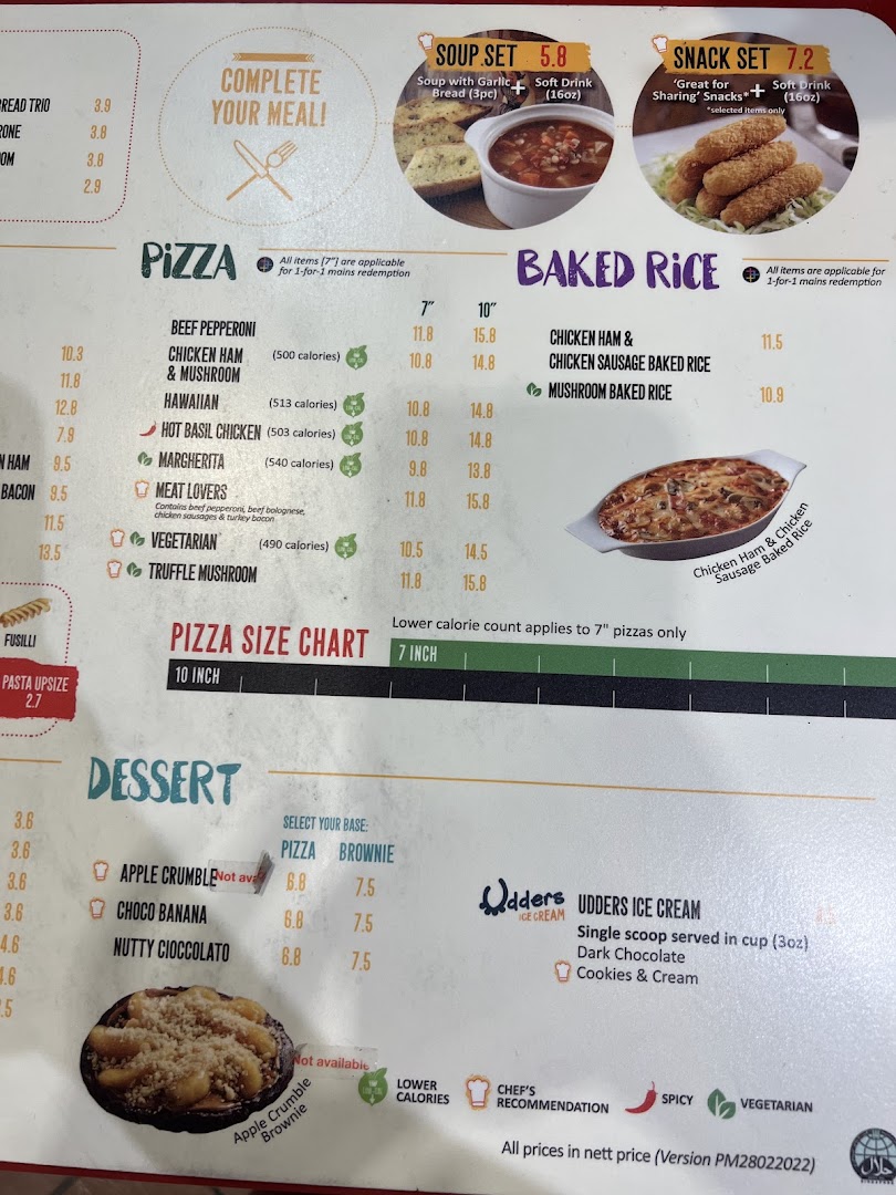 A detailed menu displaying various Italian dishes including pizzas, baked rice, desserts, and combo sets.