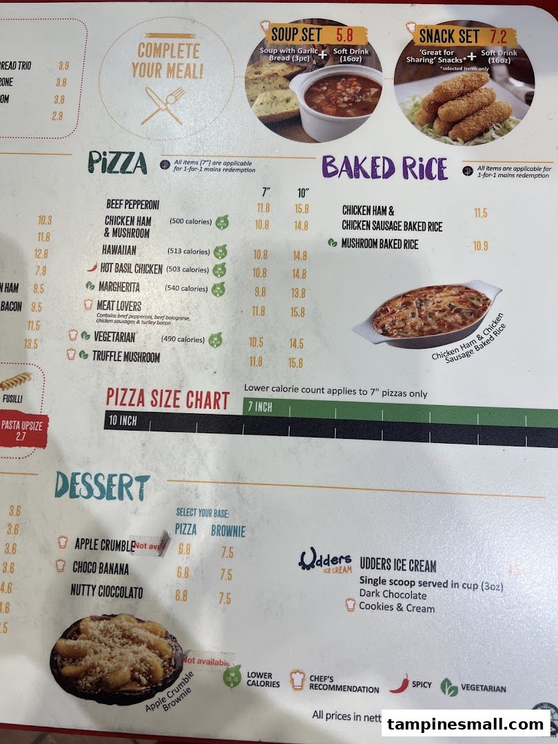 A detailed menu displaying various Italian dishes including pizzas, baked rice, desserts, and combo sets.