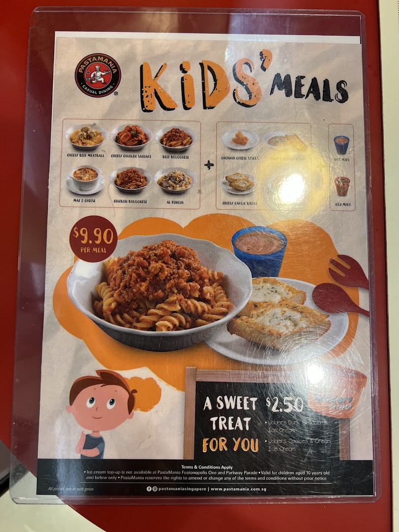 A menu displaying PastaMania's Kids' Meals, featuring pasta dishes, sides, drinks, and dessert options.