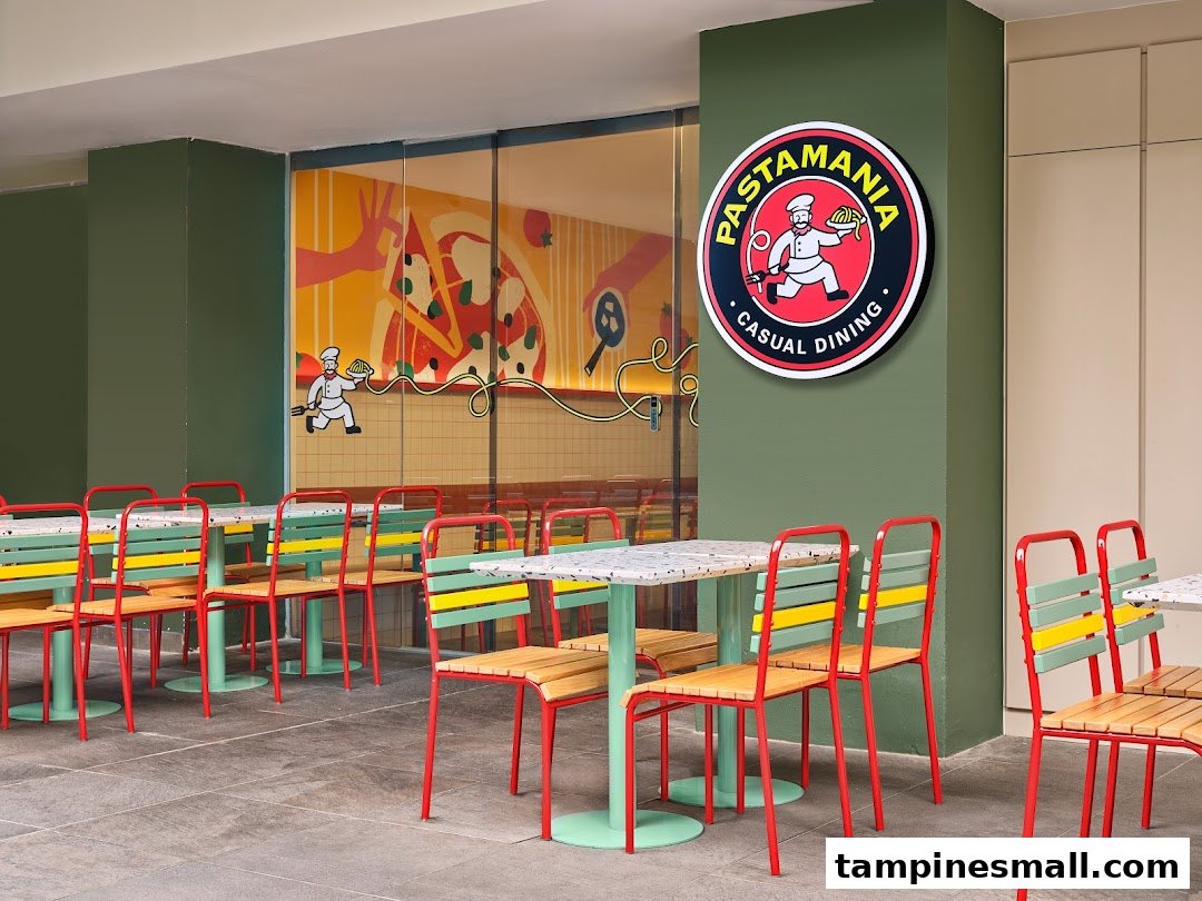 Exterior view of PastaMania with outdoor seating and vibrant branding.