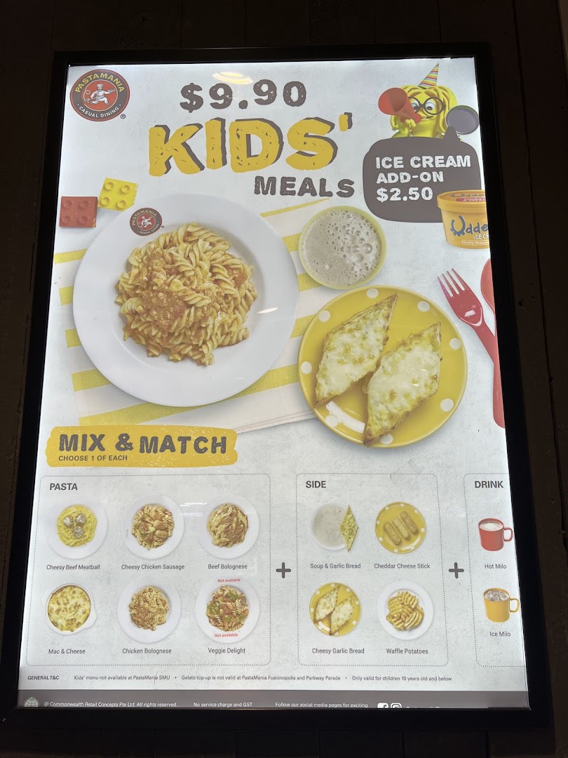 A brightly lit menu board showcasing PastaMania's Kids' Meals with mix-and-match options.