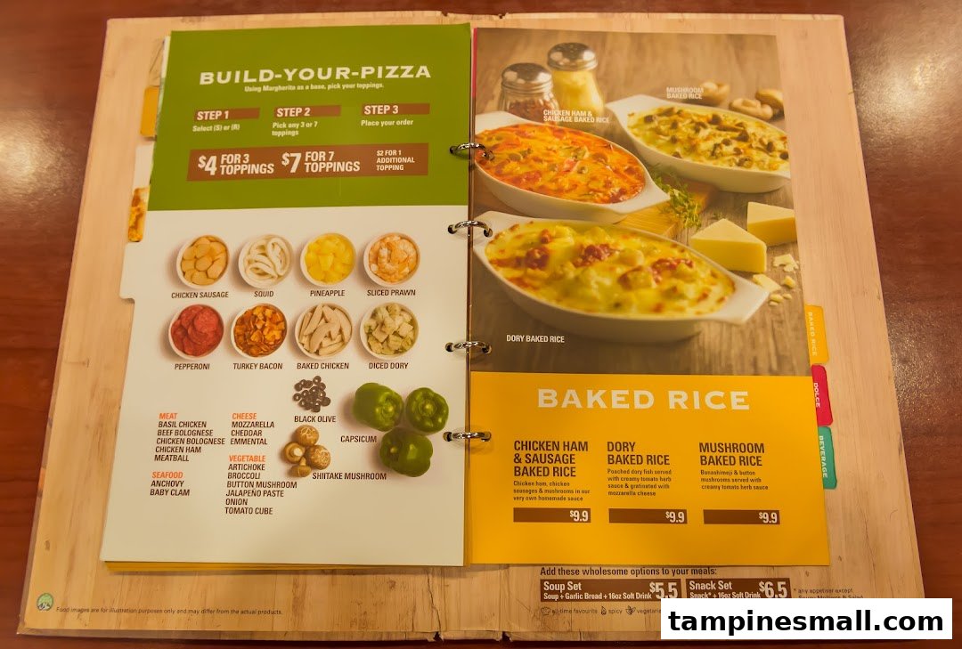 An open menu displaying PastaMania's build-your-own pizza toppings and baked rice dishes.
