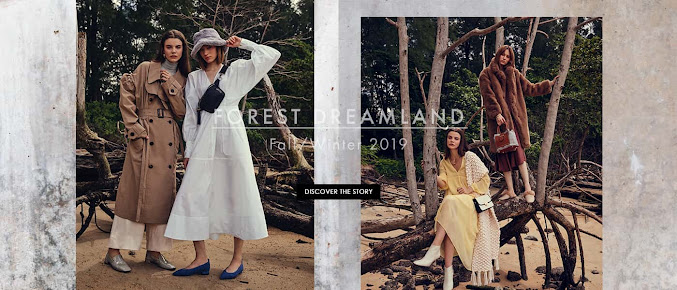 Models showcase PAZZION's Fall/Winter 2019 'Forest Dreamland' collection in a natural setting.