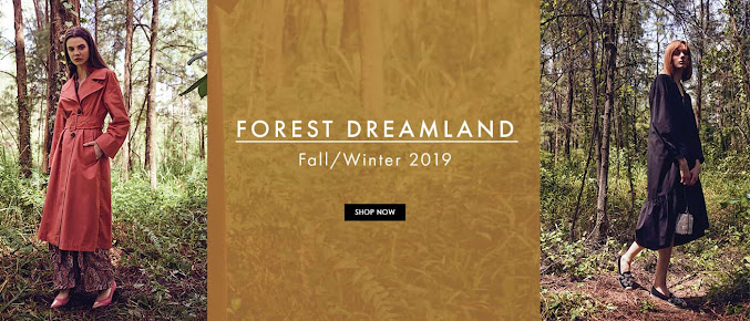 Two models showcase PAZZION's Fall/Winter 2019 'Forest Dreamland' collection in a natural setting.
