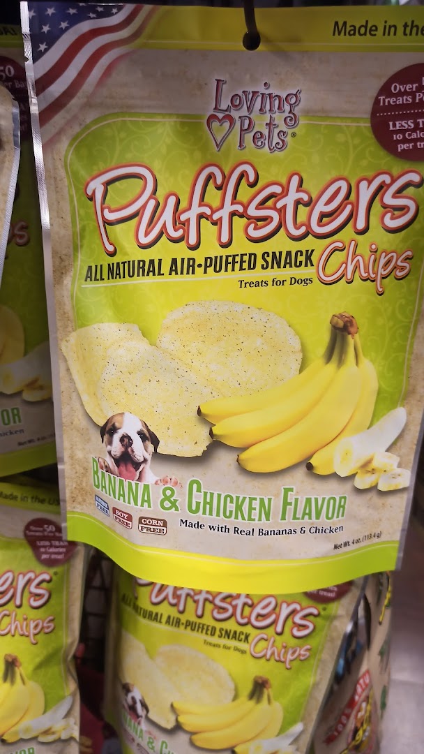 A bag of Loving Pets Puffsters Banana & Chicken Flavor dog treats.
