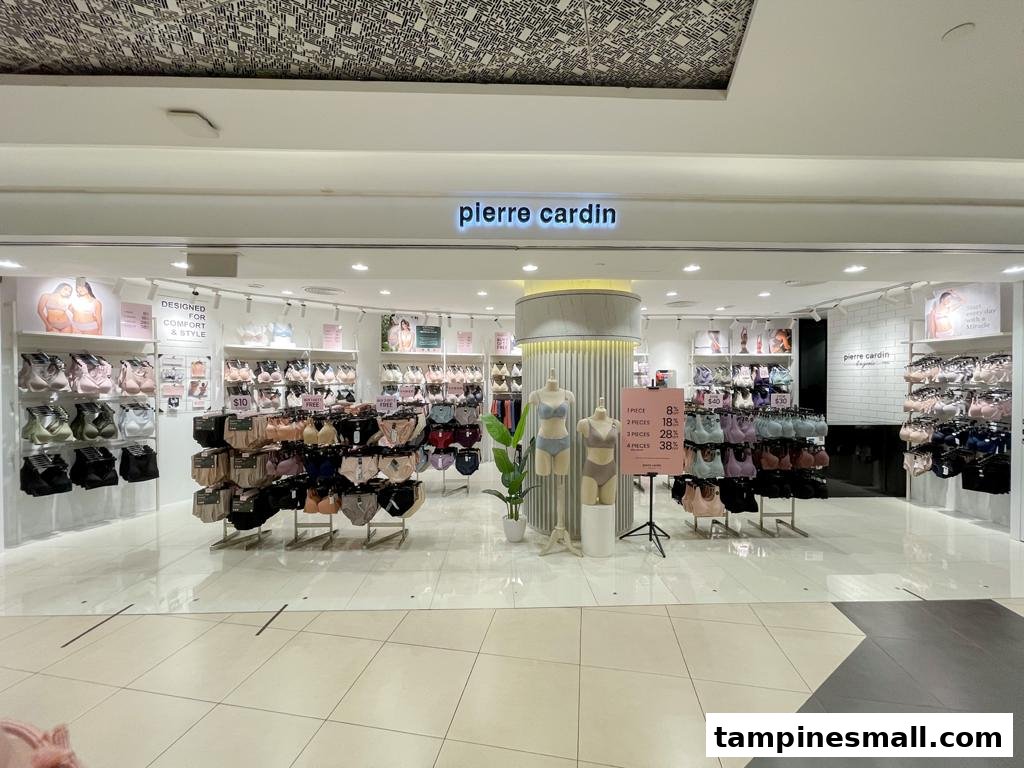 The storefront of Pierre Cardin Lingerie at Tampines Mall, showcasing a wide range of intimate apparel.