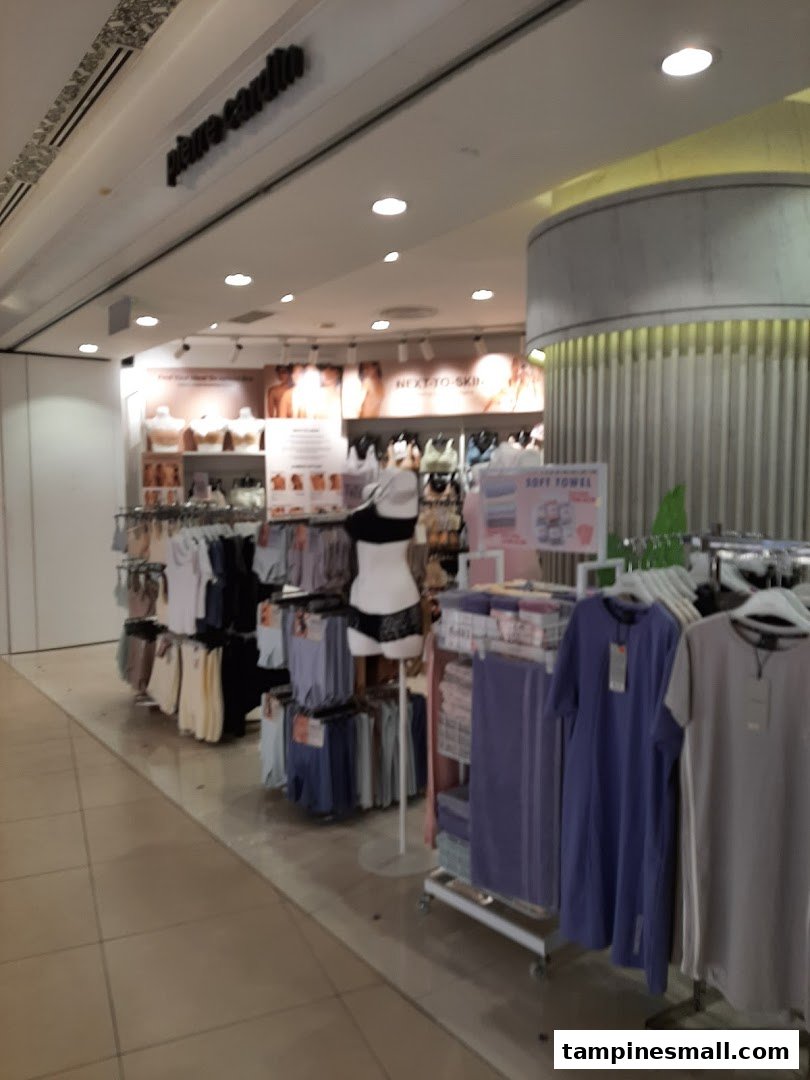The entrance of Pierre Cardin Lingerie at Tampines Mall, showcasing various intimate apparel and loungewear displays.