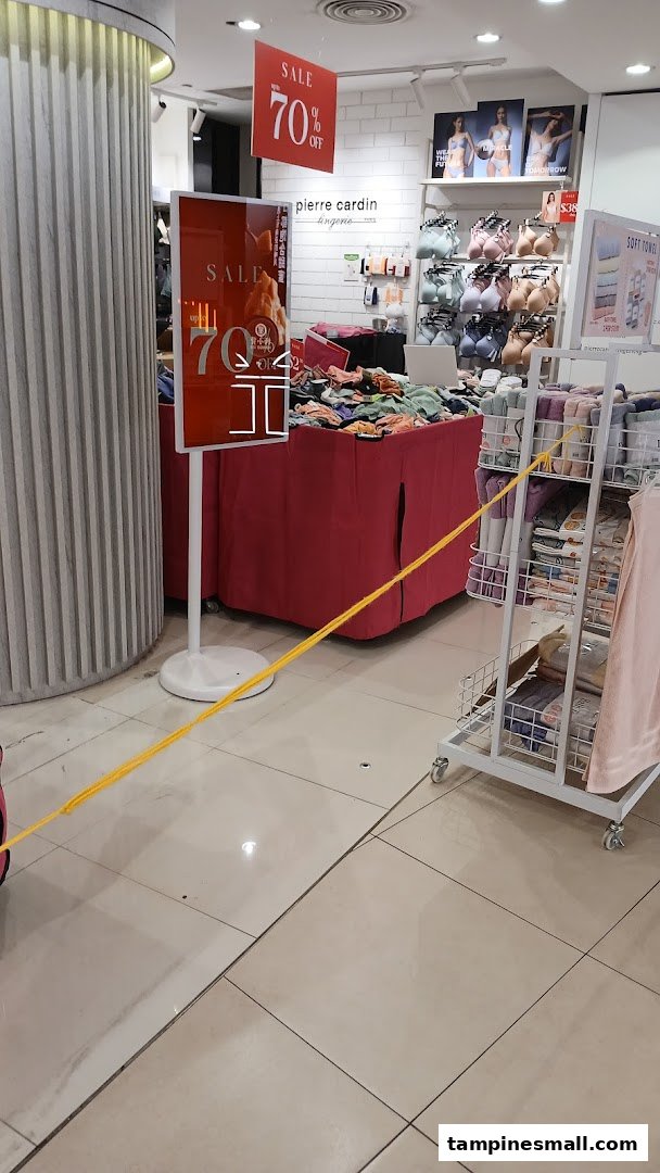 Interior view of Pierre Cardin Lingerie shop featuring a 70% off sale display with various products.