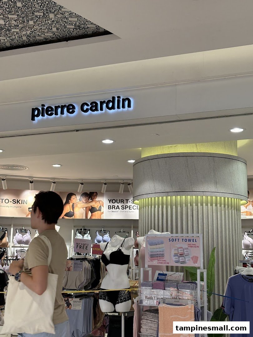 Interior of Pierre Cardin Lingerie, featuring diverse bras, underwear, and soft towels, with a customer browsing.