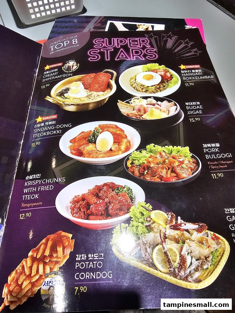 A vibrant menu page showcasing 'Super Stars' Korean street food recommendations with images and prices.