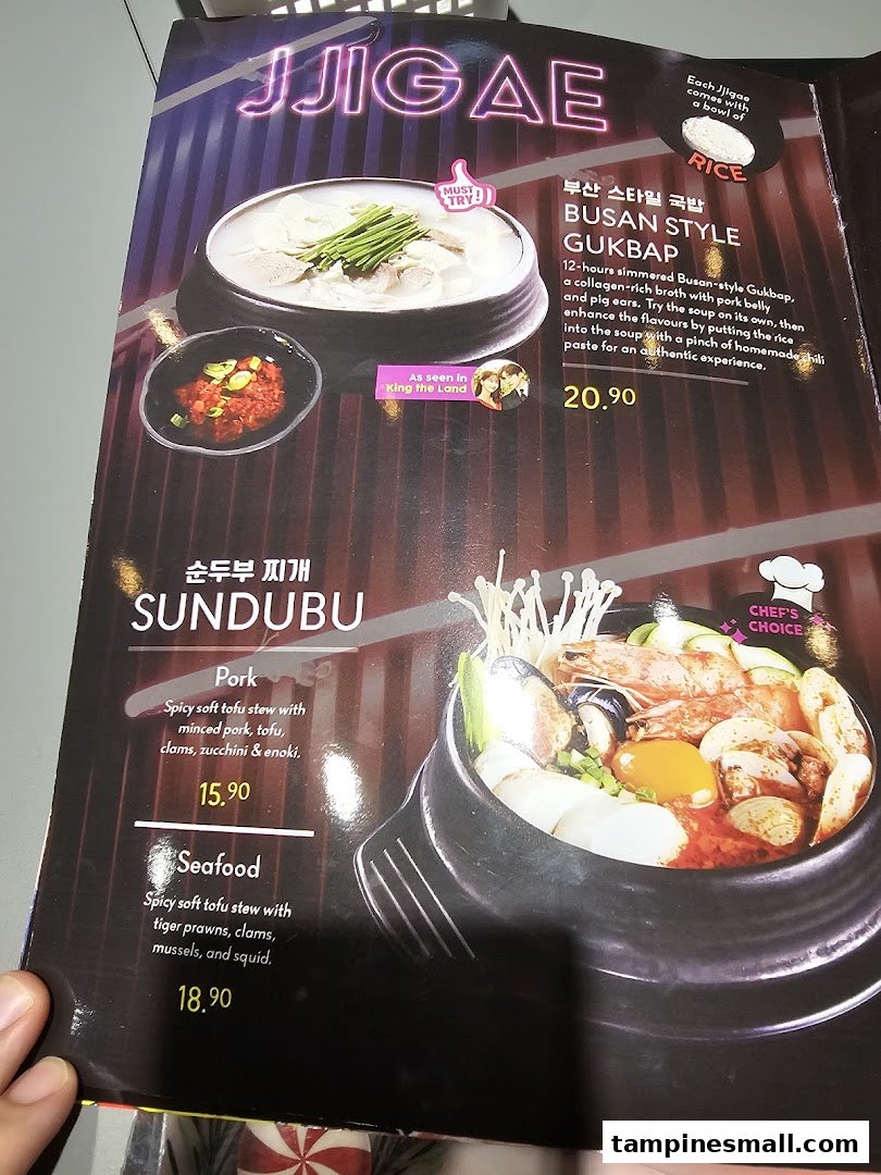 A menu page showcasing Korean jjigae and sundubu stews with detailed descriptions and prices.