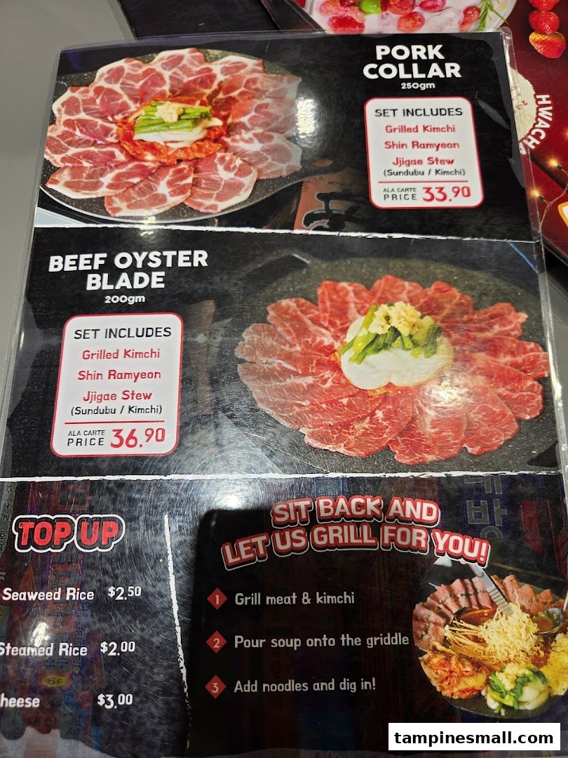 A menu displaying Korean BBQ sets with pork collar and beef oyster blade, along with add-ons.
